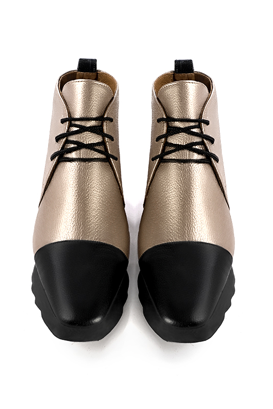 Satin black and tan beige women's ankle boots with laces at the front. Square toe. Low rubber soles. Top view - Florence KOOIJMAN